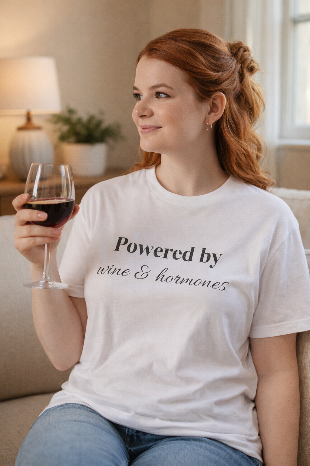 Powered by Wine & Hormones Tee | Minimal Statement T-Shirt for Women